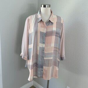Rose+Olive Womens Plus 2X Button Up Blouse Patchwork Pattern 3/4 Sleeve Shirt